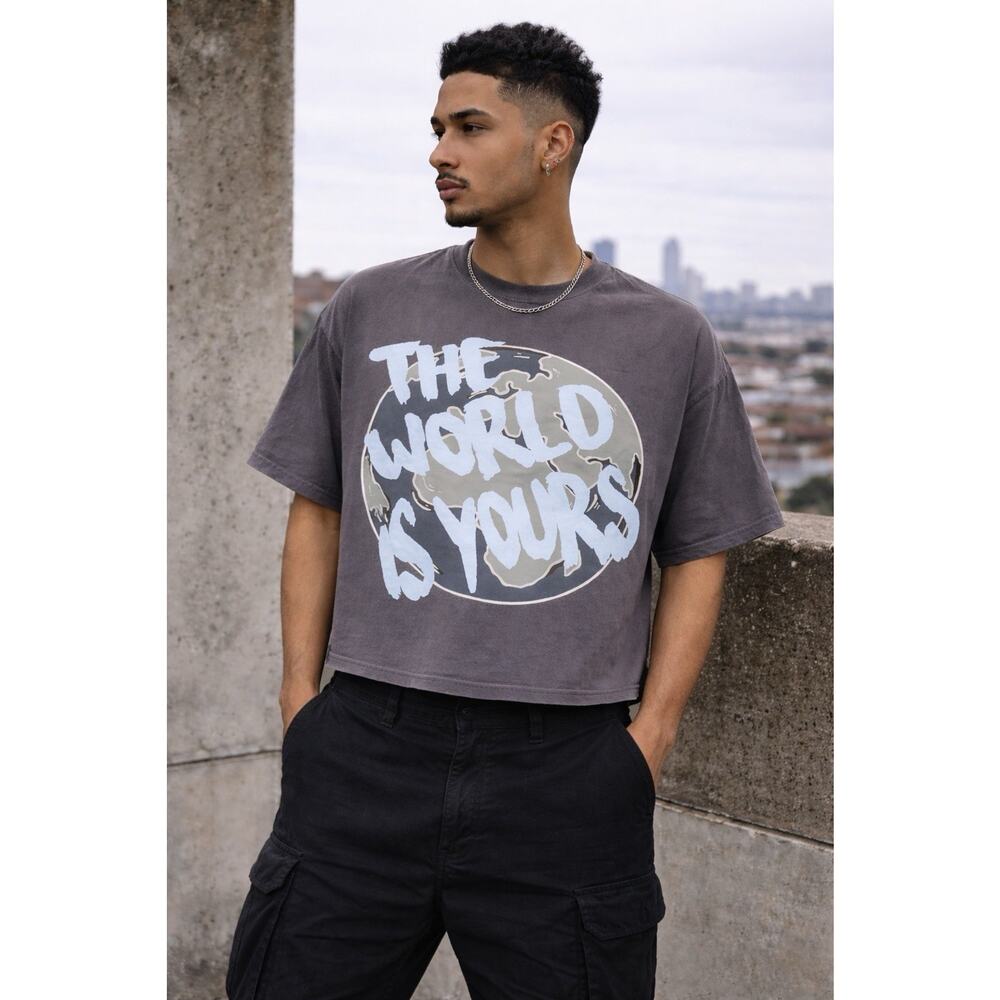 Streetwear Graphic T-Shirt “The World Is Yours” Cityscape Oversized Washed Tee